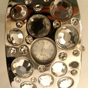 Retro Vintage Rhinestone Cuff Watch Geneva Chrome Tone